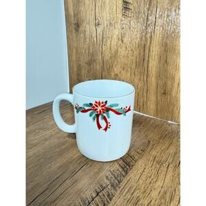 Vtg Poinsettia and Ribbons Christmas Porcelain Holiday 12oz Mug